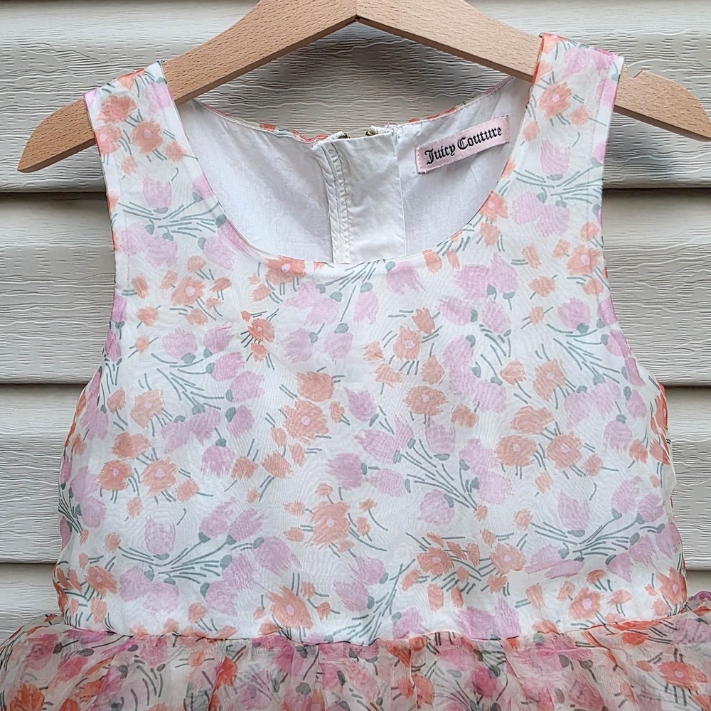 Juicy Couture Girls 6/7 Peach Pink Floral Dress Tulle Overlay Whimsical Party - Picture 2 of 10